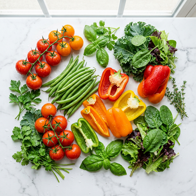 Fresh premium vegetables and ingredients with water droplets