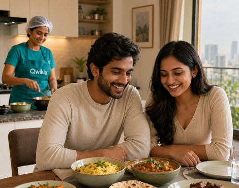 A couple enjoying a home-cooked dinner while a Qwikly chef cooks