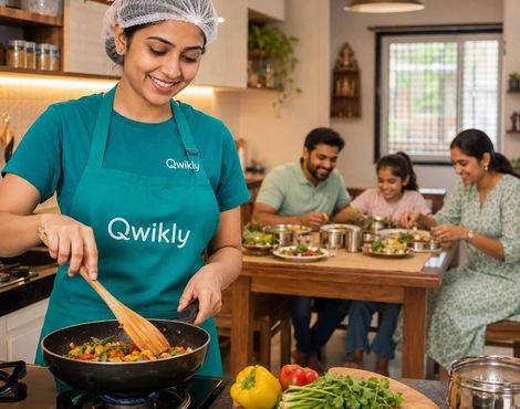 A Qwikly chef cooking a fresh everyday meal as the family eats