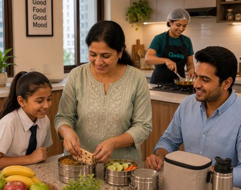 A parent packing a home-cooked tiffin while a Qwikly chef cooks
